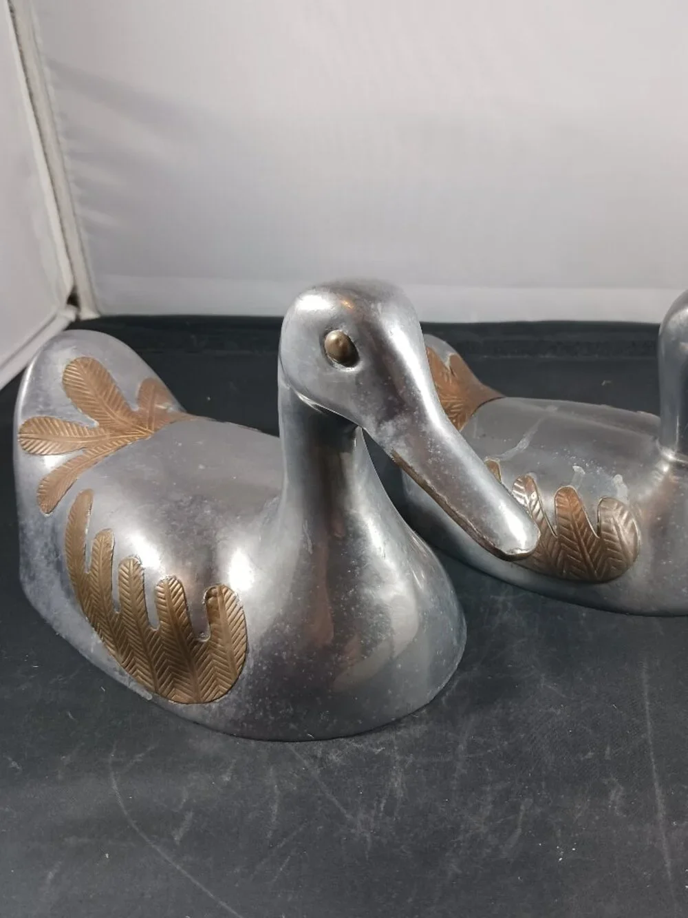 2 Vintage Duck Shape Pewter with Brass Inlay